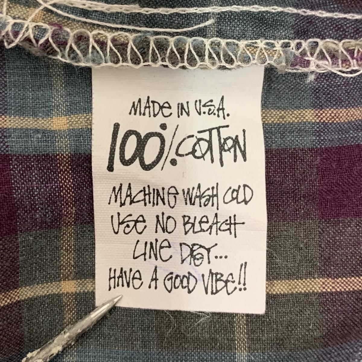 USA製 90s OLD STUSSY Check Cotton Open Collar S/S Shirt 紫 XL 白