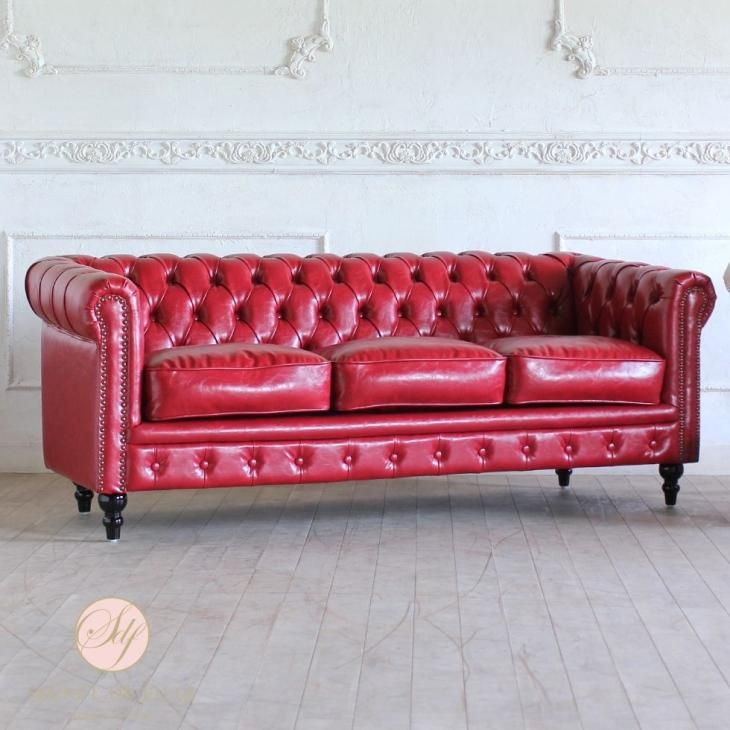 ヴィンセント チェスターフィールドソファ 3人掛け レッドPUレザー(合