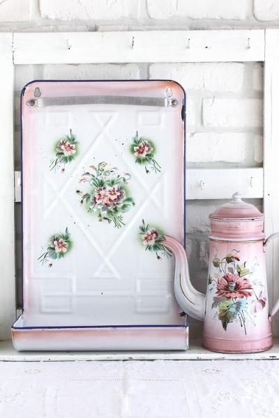 アンティークホーローケトルローズ柄ピンクぼかし - アンティーク