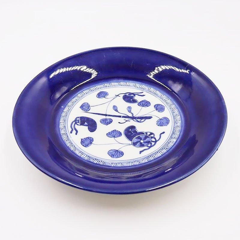 アンティーク瑠璃色大皿 葵の葉模様 江戸・明治時代