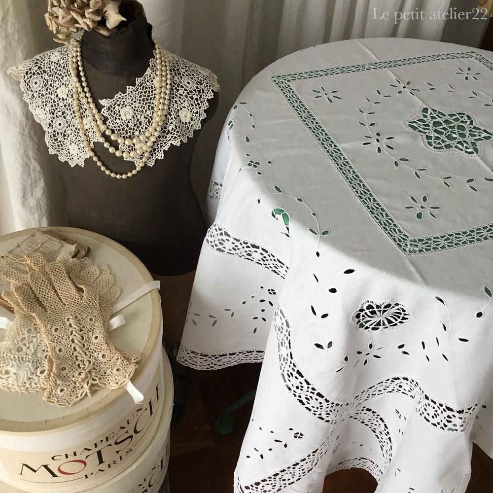 ほぼ正方形) フランス アンティーク リネン テーブルクロス カット