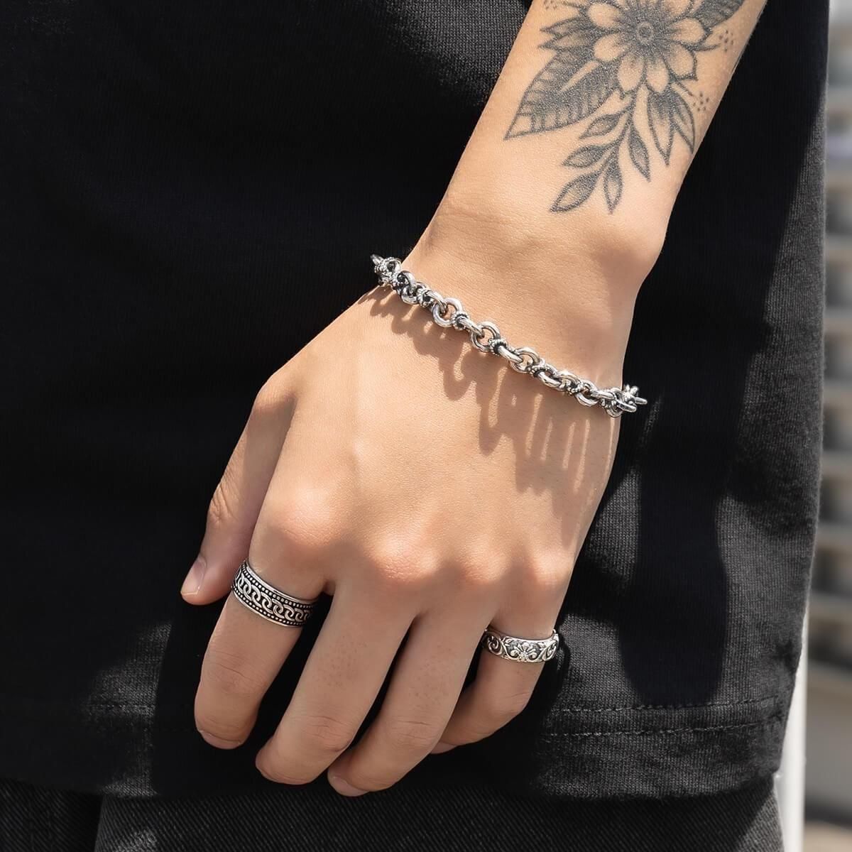 シルバー ブレスレット 幅7.7mm 19cm-23cm いぶし加工 B4054-LOX