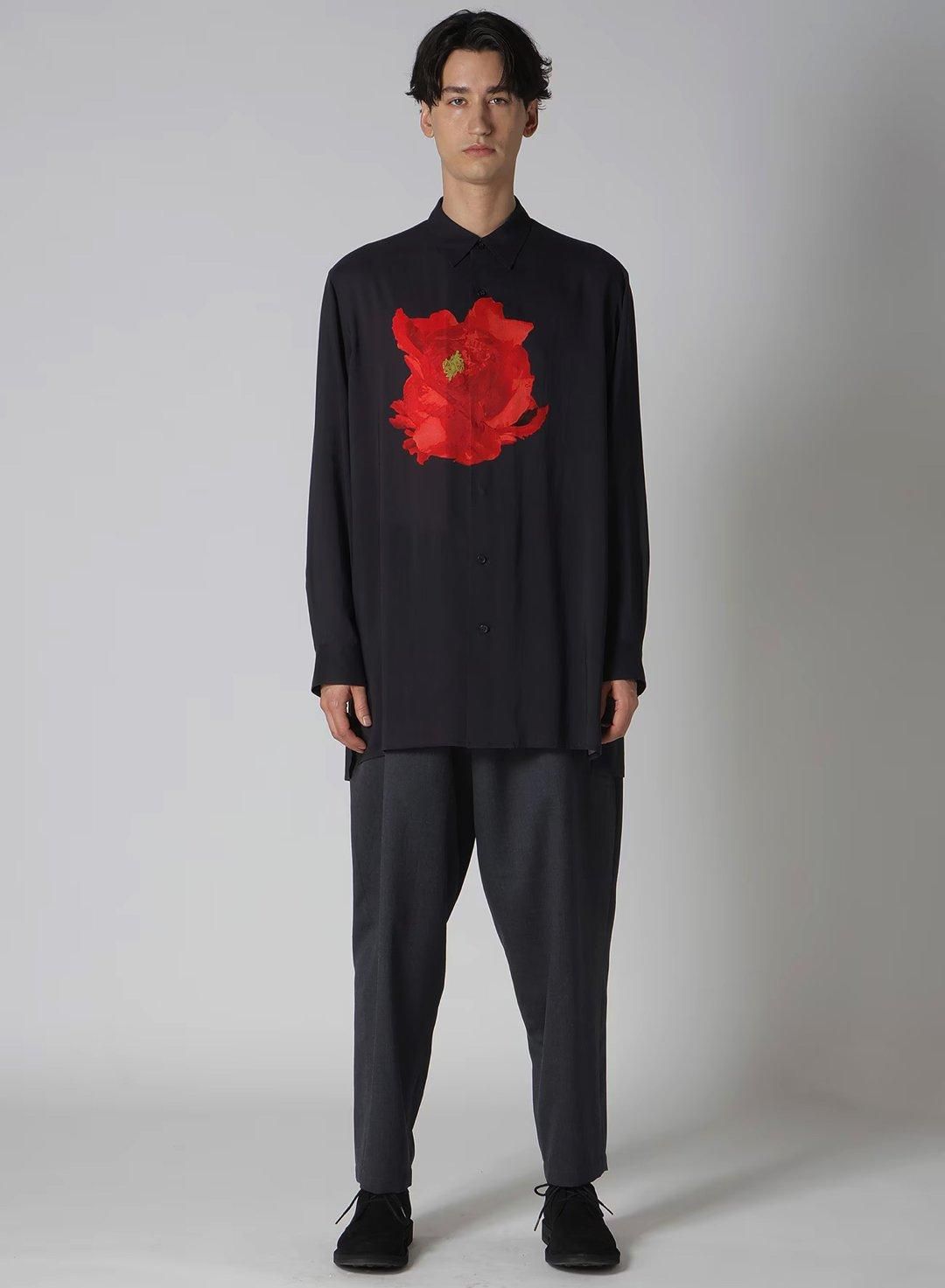 Y's for men DEEP BLACK BIG SHIRT WITH LARGE RED FLOWER - Ka na ta