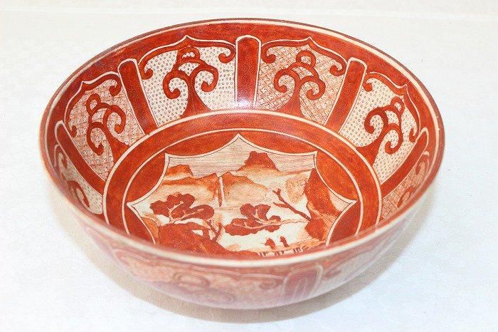 K-1821九谷焼赤絵染付山水文6寸深鉢 九谷玉山印付 - 石川県金沢の骨董