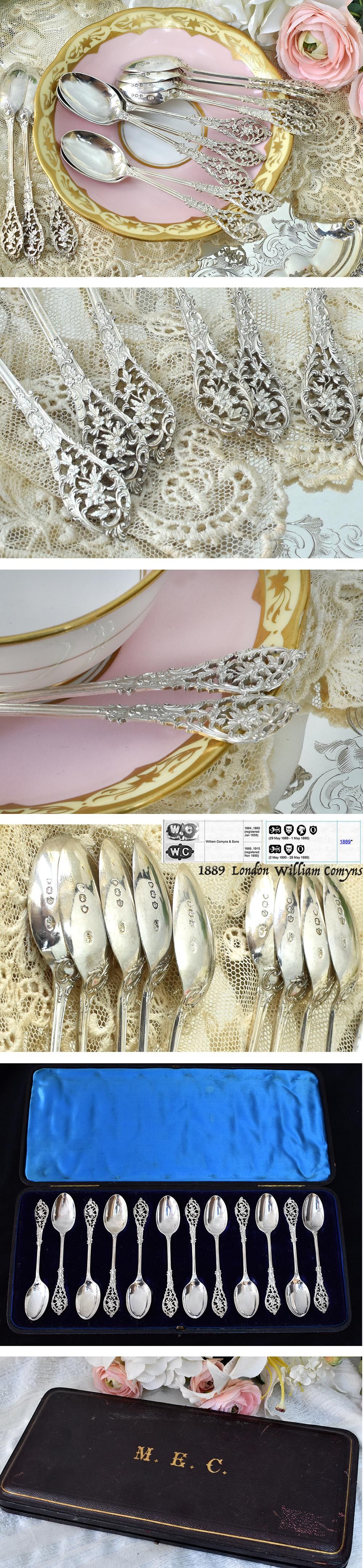 英国アンティークシルバー【純銀】1898年 ティースプーン箱入り12本