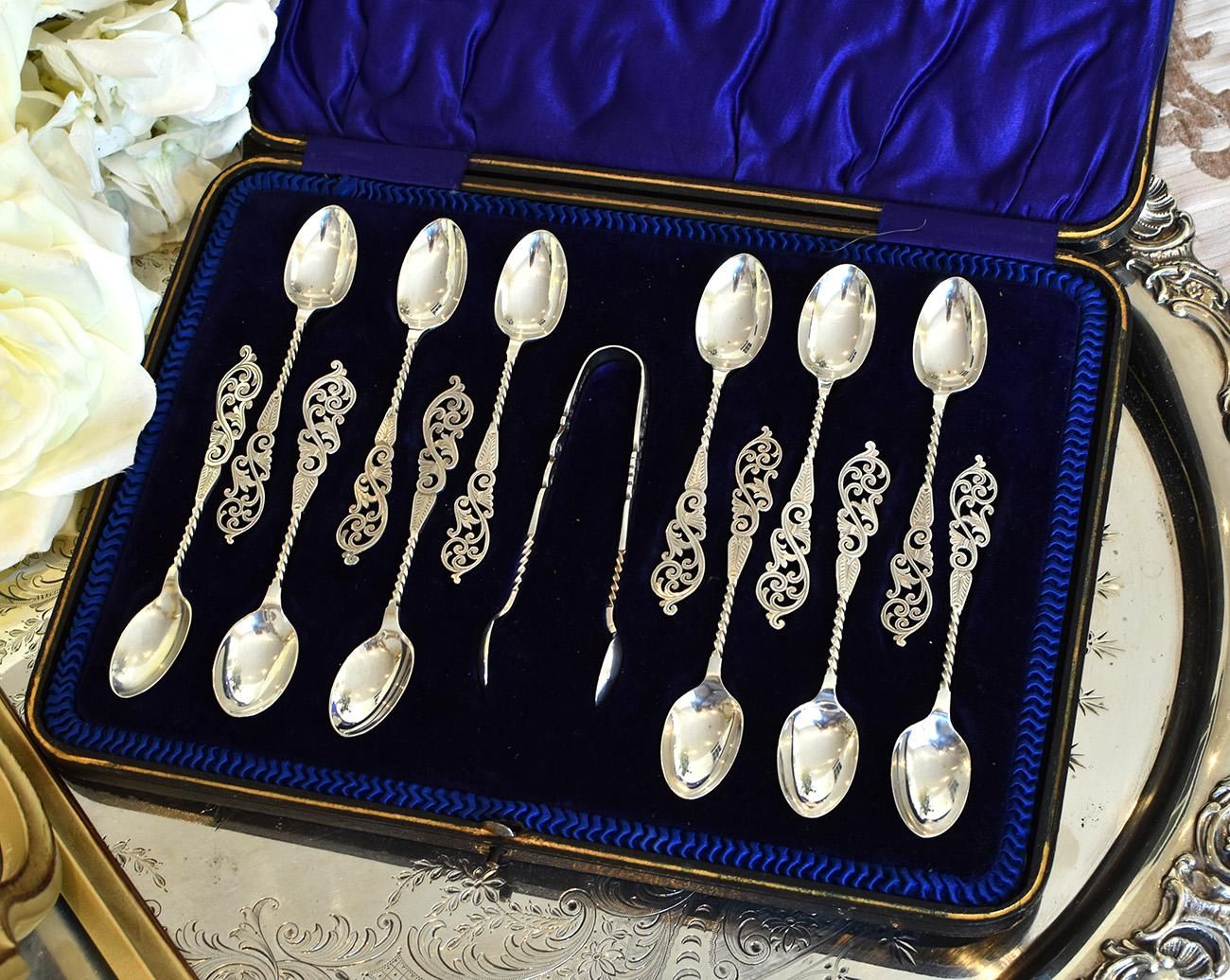 英国アンティーク銀器【純銀】1907年 透かしのティースプーンセット