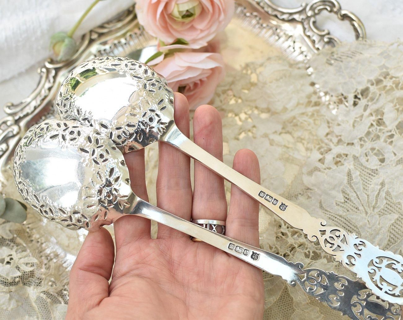 英国アンティーク銀器【純銀】1902年 サービングスプーンペア James