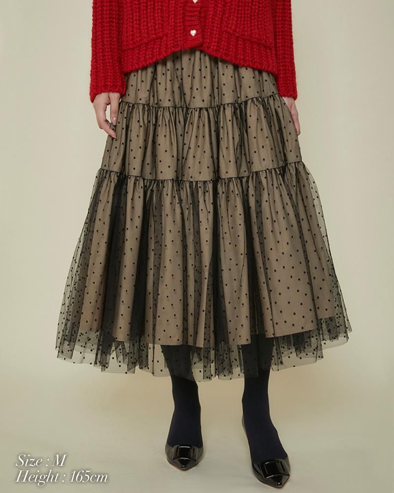 フロッキードットチュールスカート(ブラック×グレー) - seventen