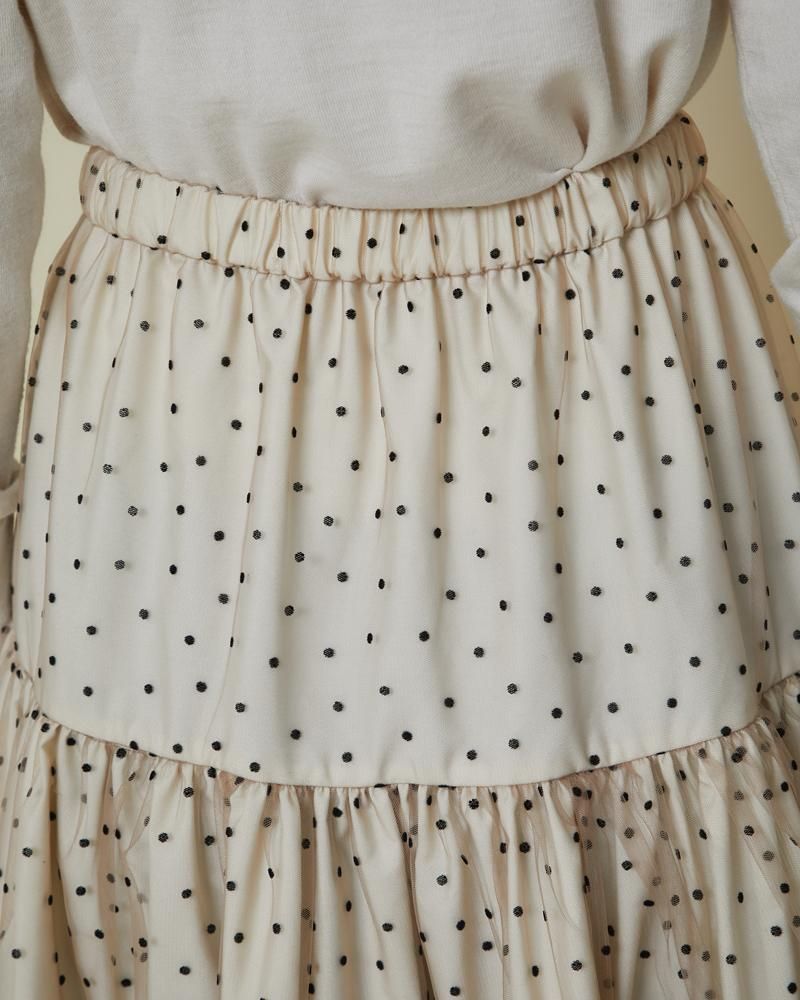 フロッキードットチュールスカート(ベージュ×アイボリー) - seventen