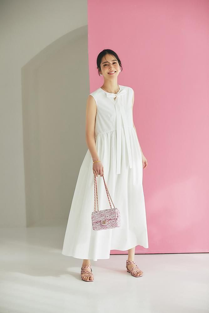 ノースリーブボウタイワンピース(ホワイト) - seventen