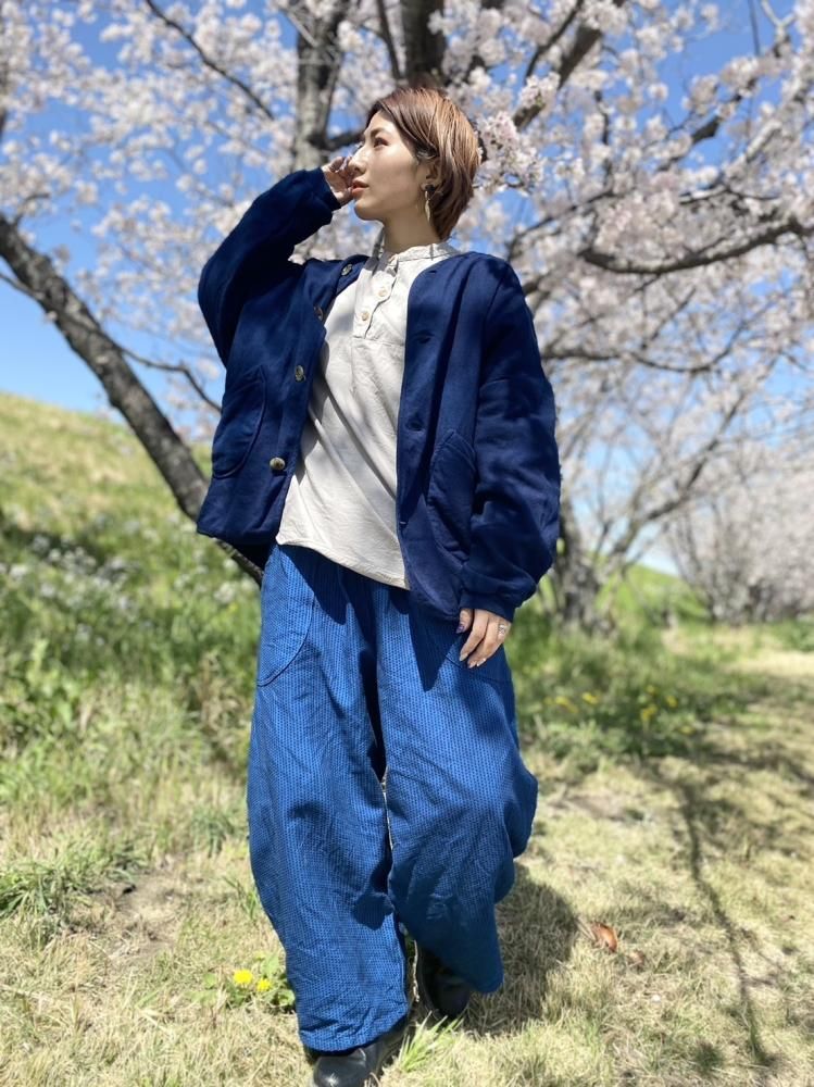 ノーカラージャケット/ネイビー/三河木綿 刺し子織