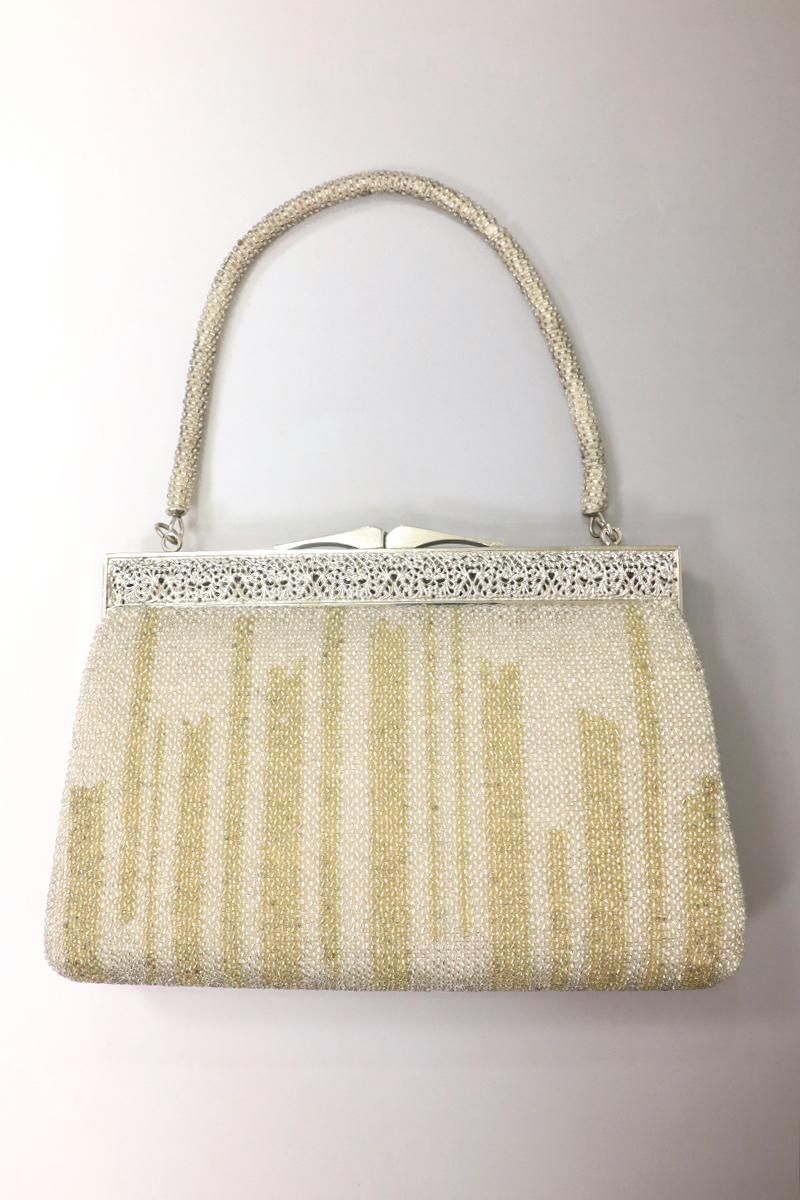 銀座【G-2756】ビーズ刺繍 バッグ 縦ストライプ 銀色×青朽葉色 - 銀座