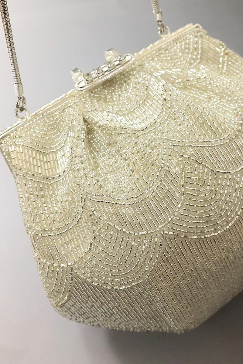 銀座【G-2762】ルミーはしもと製 ビーズ刺繍 バッグ 幾何文 銀色