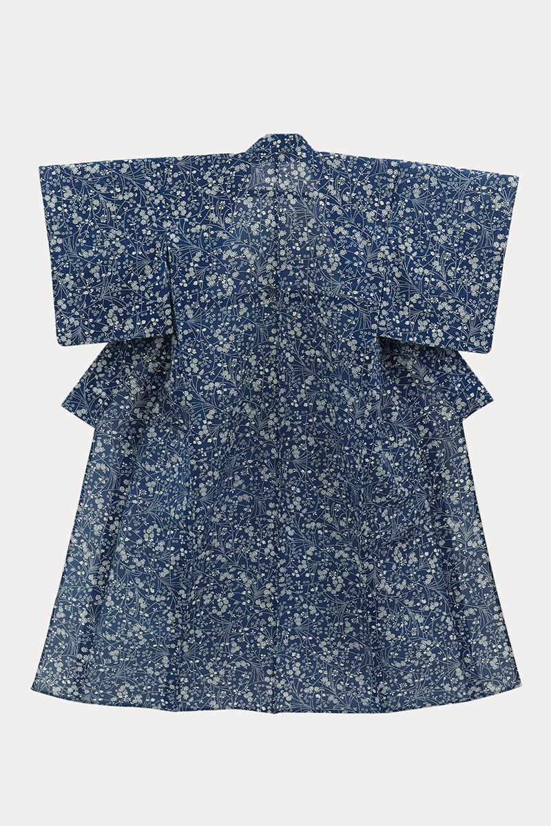 銀座【D-3787】初山一之助作 長板中形藍染 綿絽 浴衣 紺青色 花の図