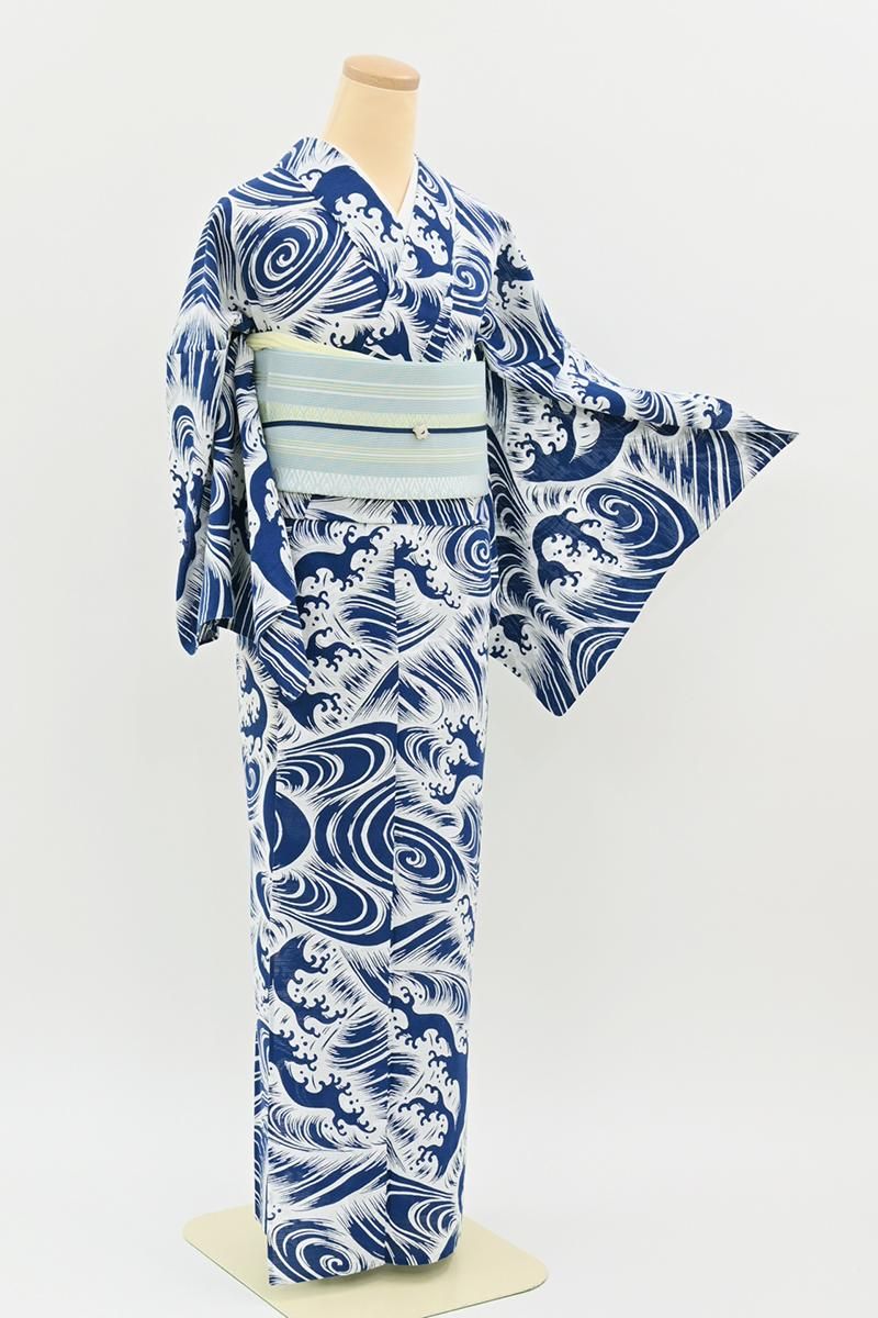 あおき【D-3832】綿絽 浴衣 群青色×白色 波文 :身丈159.5/裄70 - 銀座
