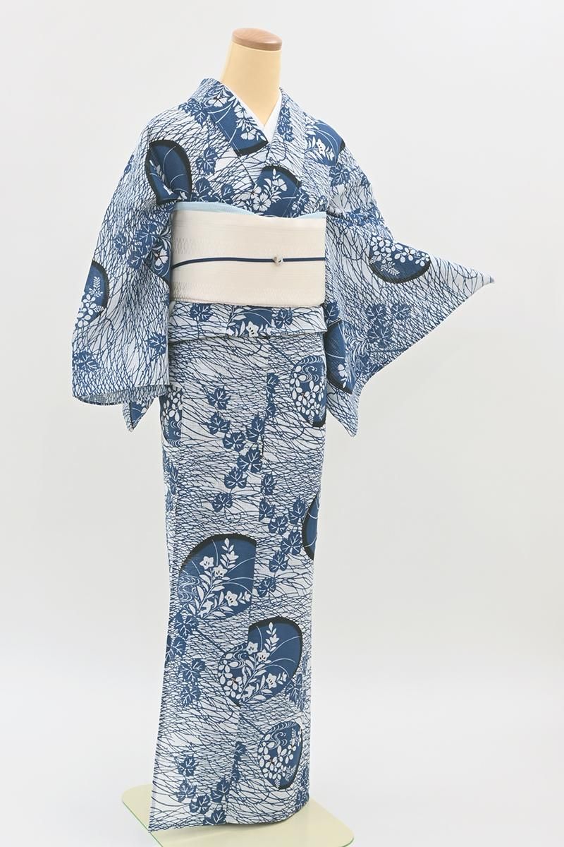 銀座【D-3870】竺仙製 綿紅梅 浴衣 コバルトブルー色×白色 団扇に秋草