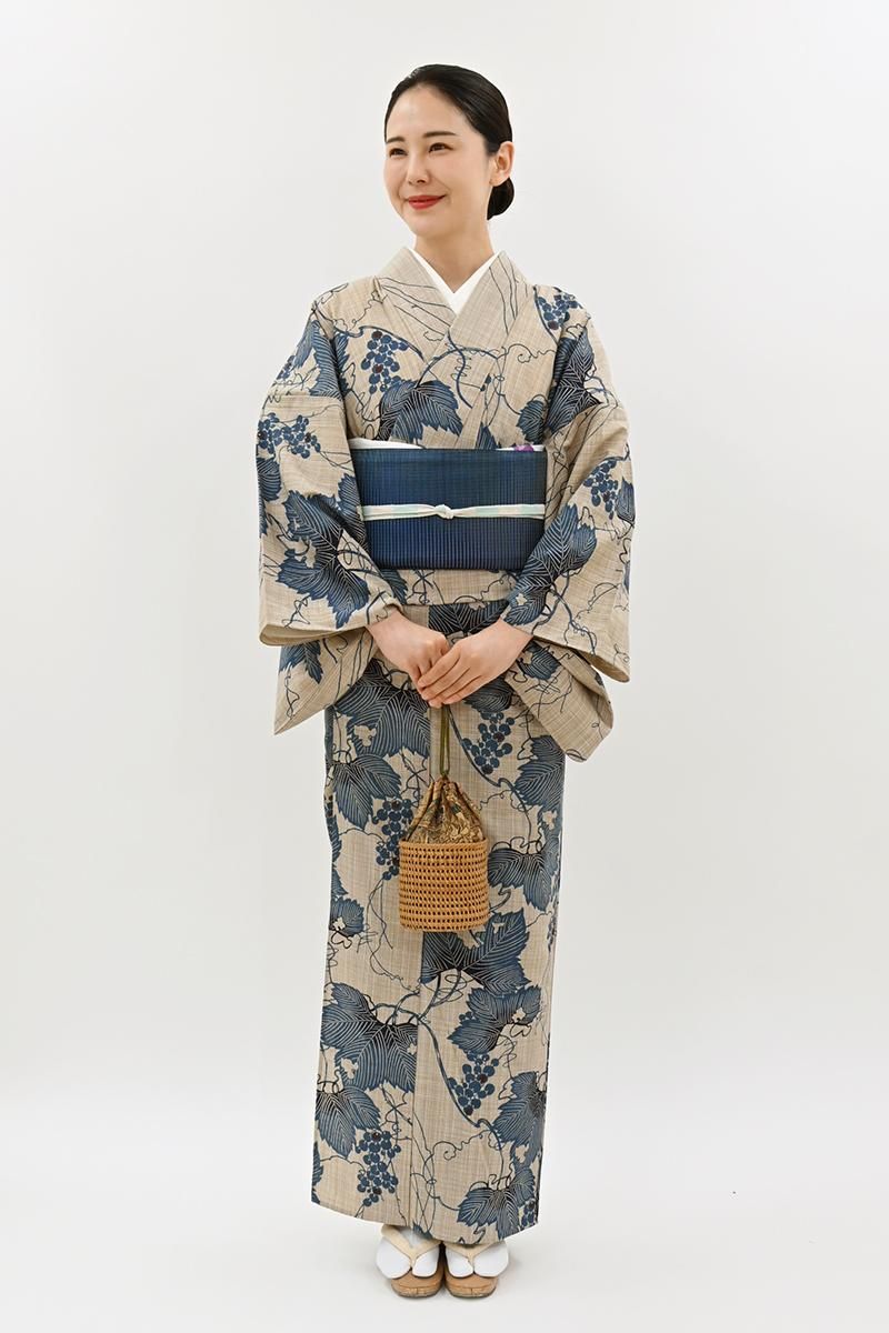 銀座【D-3856】竺仙製 奥州小紋 素色 葡萄唐草文（反端付） :身丈165