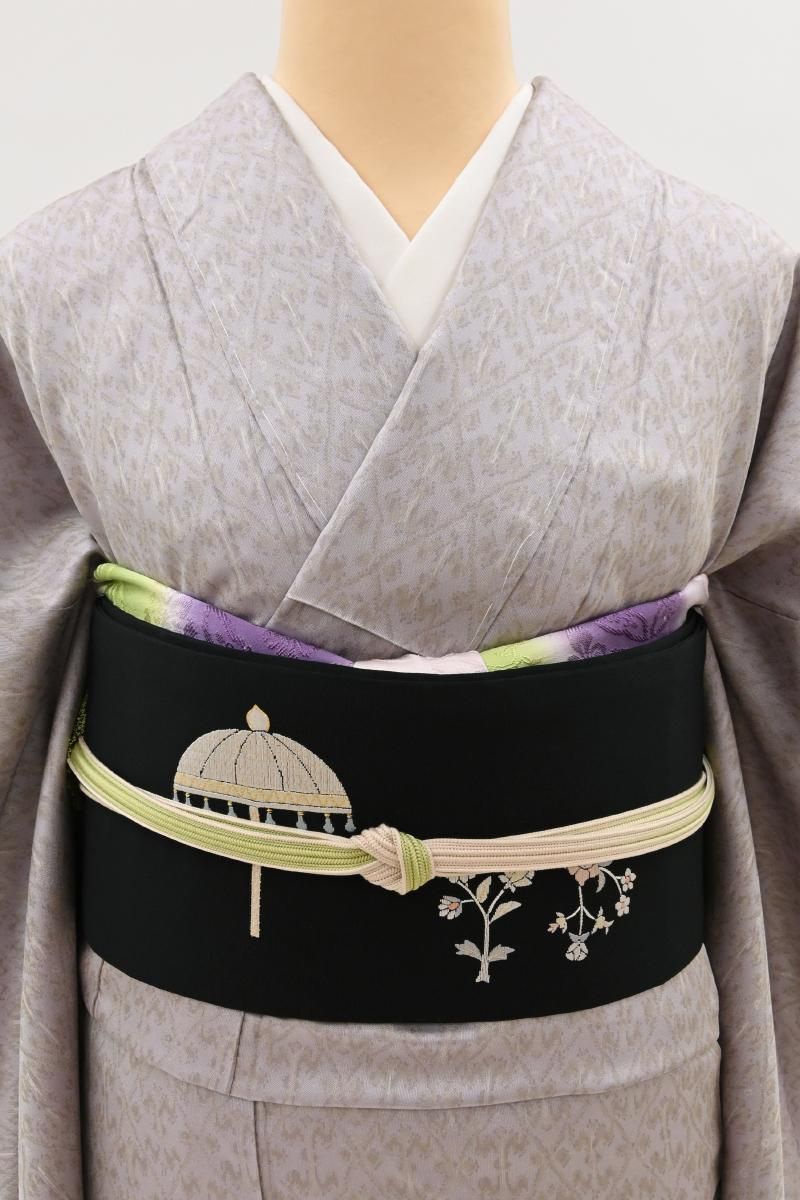 銀座【H-1010】塩瀬地 刺繍 名古屋帯 黒色 象の図 - 銀座きもの青木