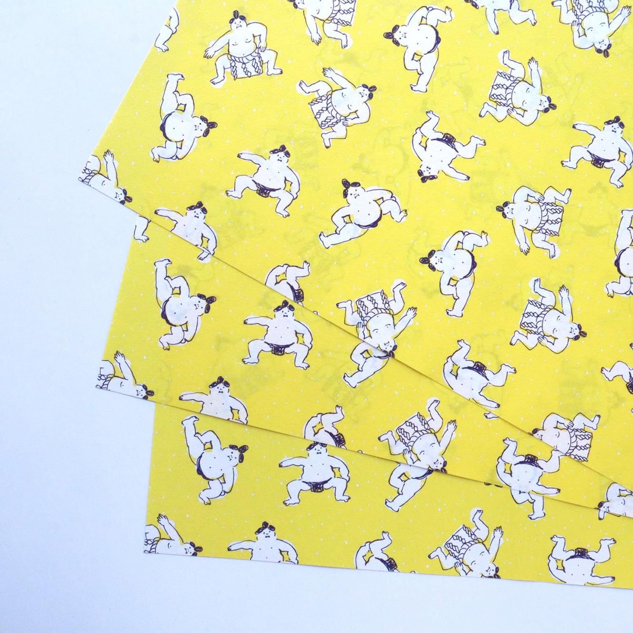 相撲柄／イエロー ラッピングペーパー/包装紙 5枚 - おしゃれな海外