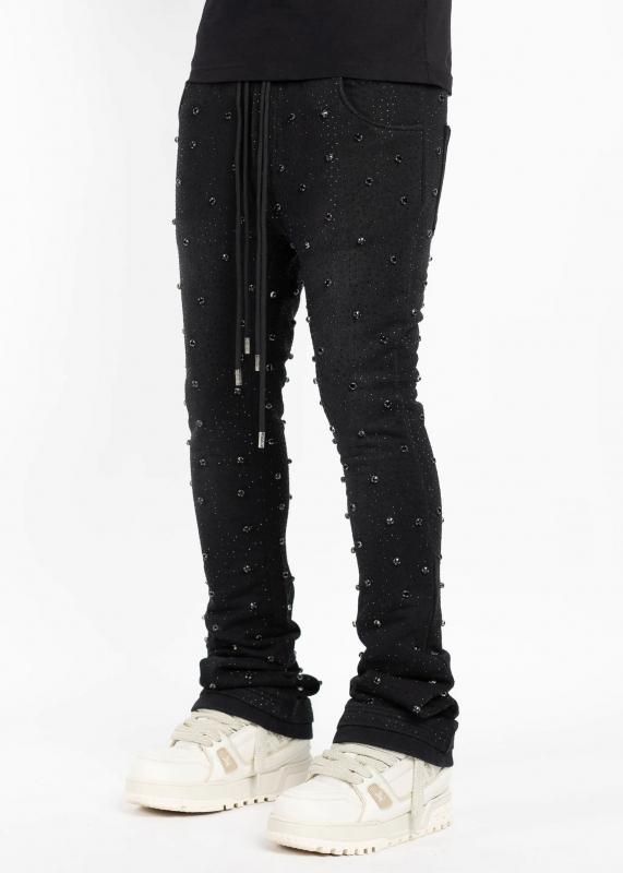 GUAPI / OBSIDIAN BLACK EMBELLISHED SWEAT PANTS - GANGSTA MARKET