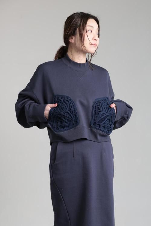 Mame Kurogouchi(マメ) Cording Embroidery Cropped Sweatshirt NAVY