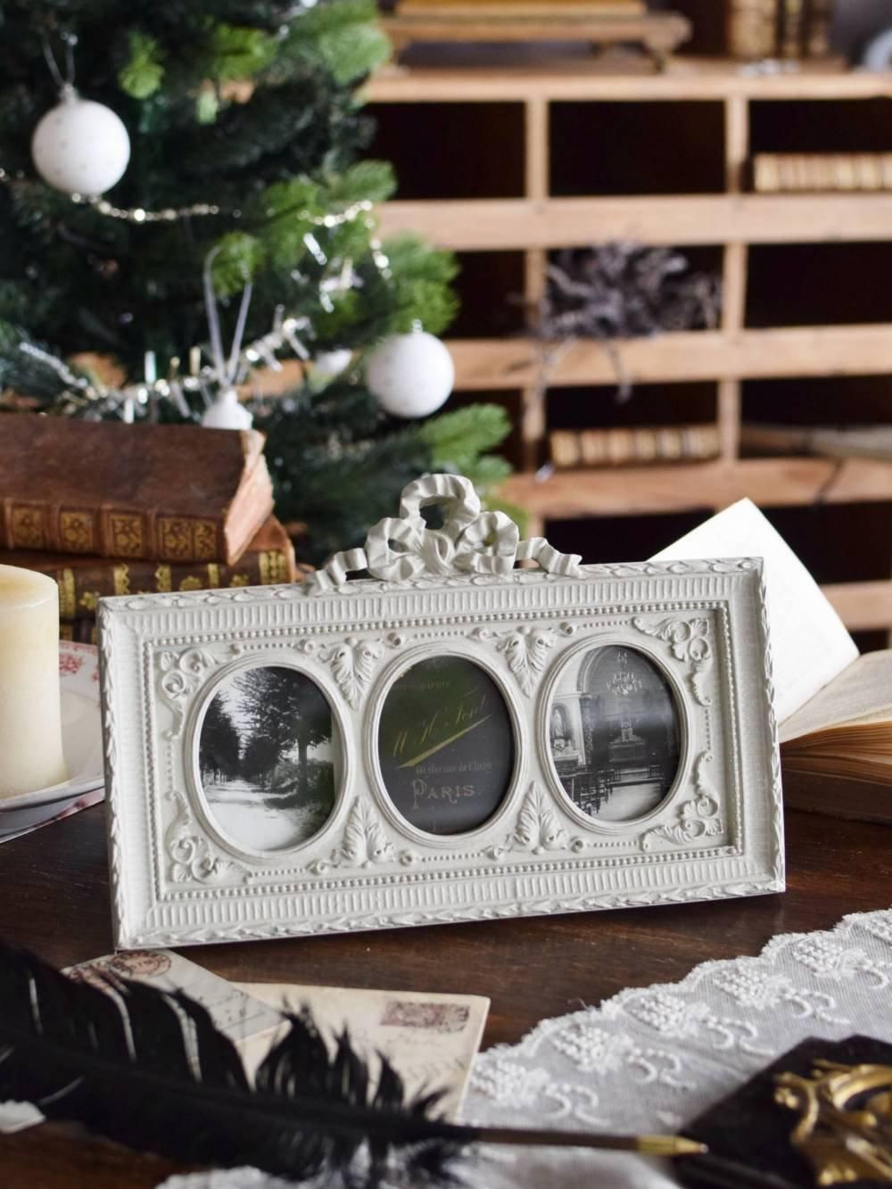 3連フォトフレーム.リボン フランス アンティーク 写真立て