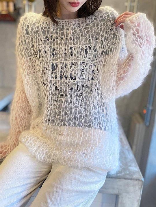 TOFFS - White hand knitted mohair fishnet sweater《Made in France