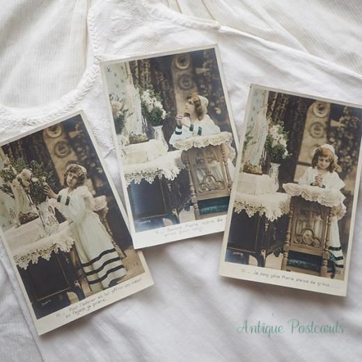 フランス 1900年初頭 アンティーク 3枚組 色彩写真 教会 マリア様