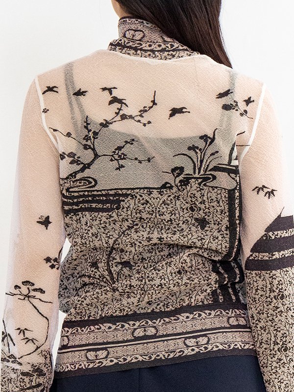 Nature Pattern Sheer Knitted High Neck Top-ネーチャーパターン