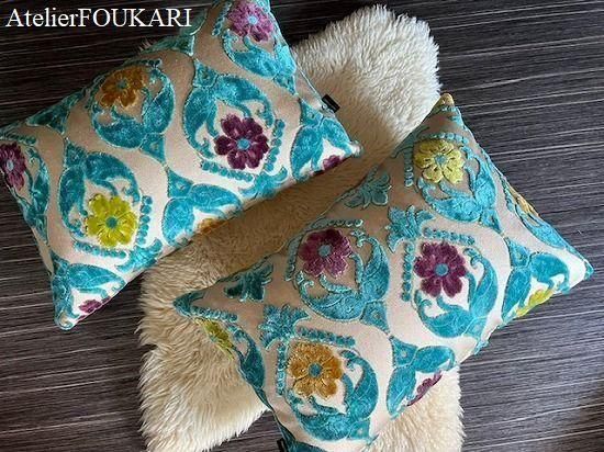 モロッコ横長クッションカバー＊ターコイズフラワー - モロッコ雑貨と