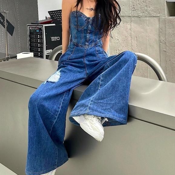 大特価】ブルー デニム チューブトップ ベアトップ オールインワン