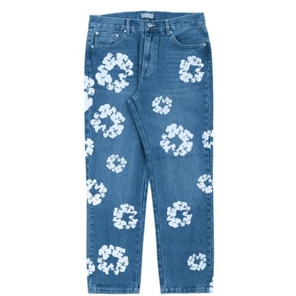 大特価】2色展開 花柄 フラワー 総柄 ストレートデニムパンツ ジーンズ