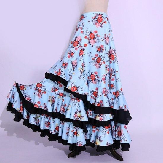 フラメンコ衣装 フリルマーメイドスカート 花柄プリント ブルー lw1687