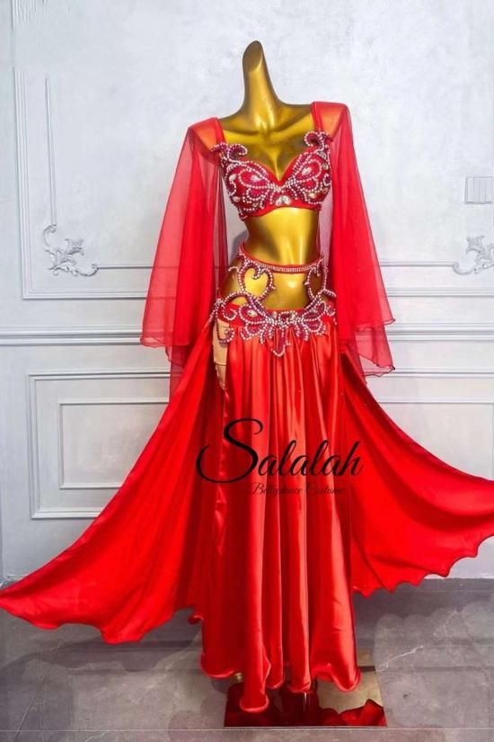 オリエンタル衣装 フレアアーム付きブラ＆サテンスカート レッド