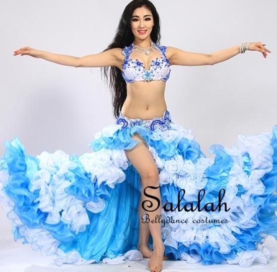 ベリーダンス衣装 フリルホワイト＆ライトブルー OC0490 - ベリー