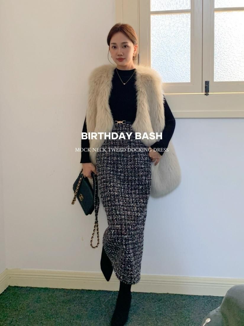 MOCK NECK TWEED DOCKING DRESS - BIRTHDAY BASH