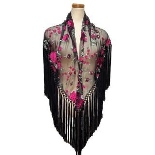 柄物マントンシージョ | スペイン製シースルー黒 -赤フレコ フラメンコ