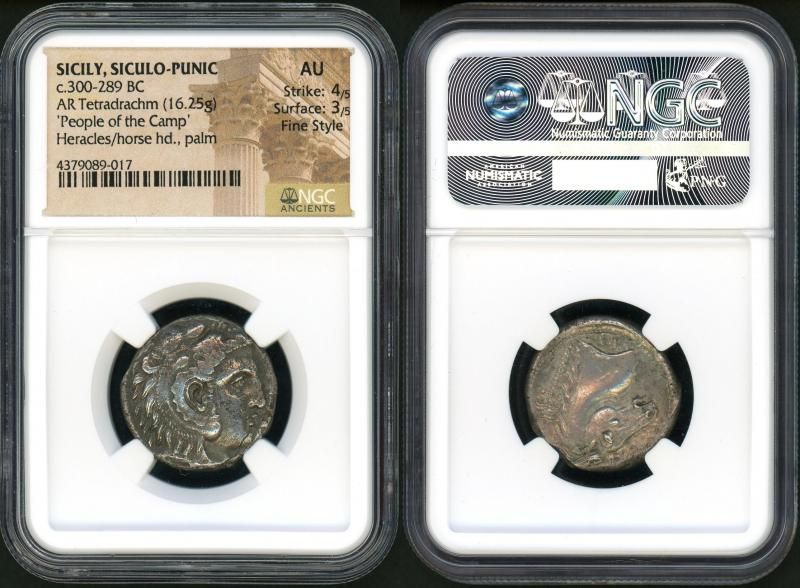 古代カルタゴ領シチリア テトラドラクマ ヘラクレス/馬 NGC AU 4/5 3/5