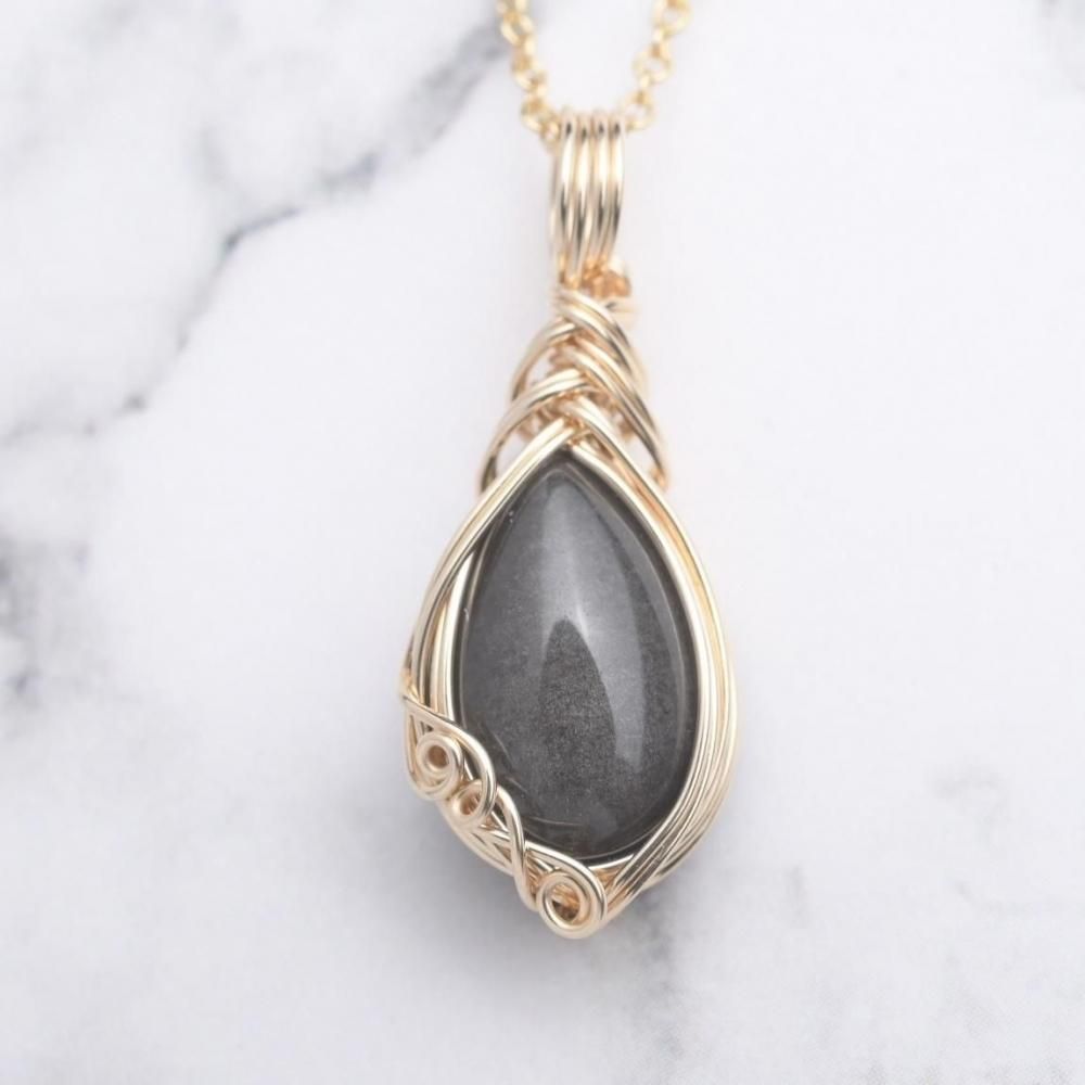 シルバーオブシディアン 黒曜石 ペンダントトップ ワイヤーラッピング