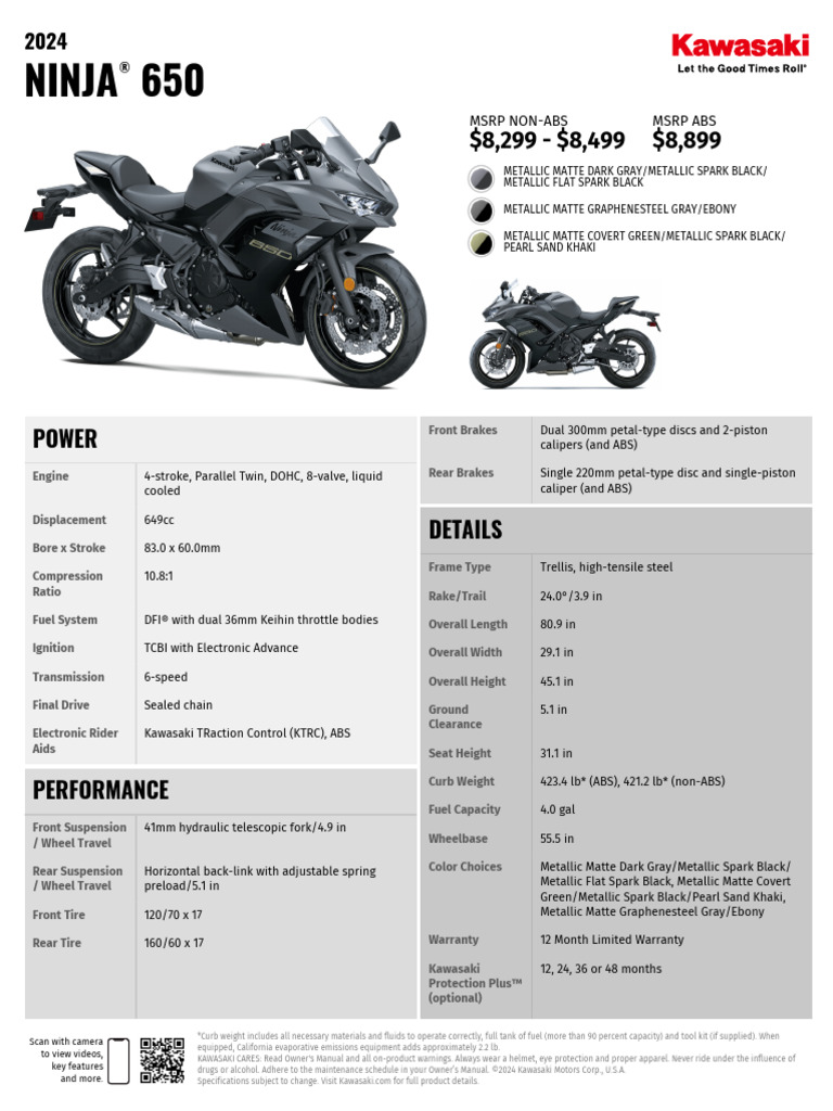 2024 Ninja 650 en Us Spec Sheet | PDF | Anti Lock Braking System