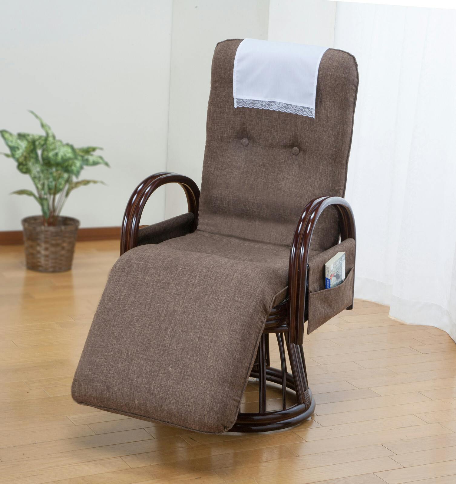 天然籐フットレスト付き回転高座椅子【ダークブラウン】ハイバック