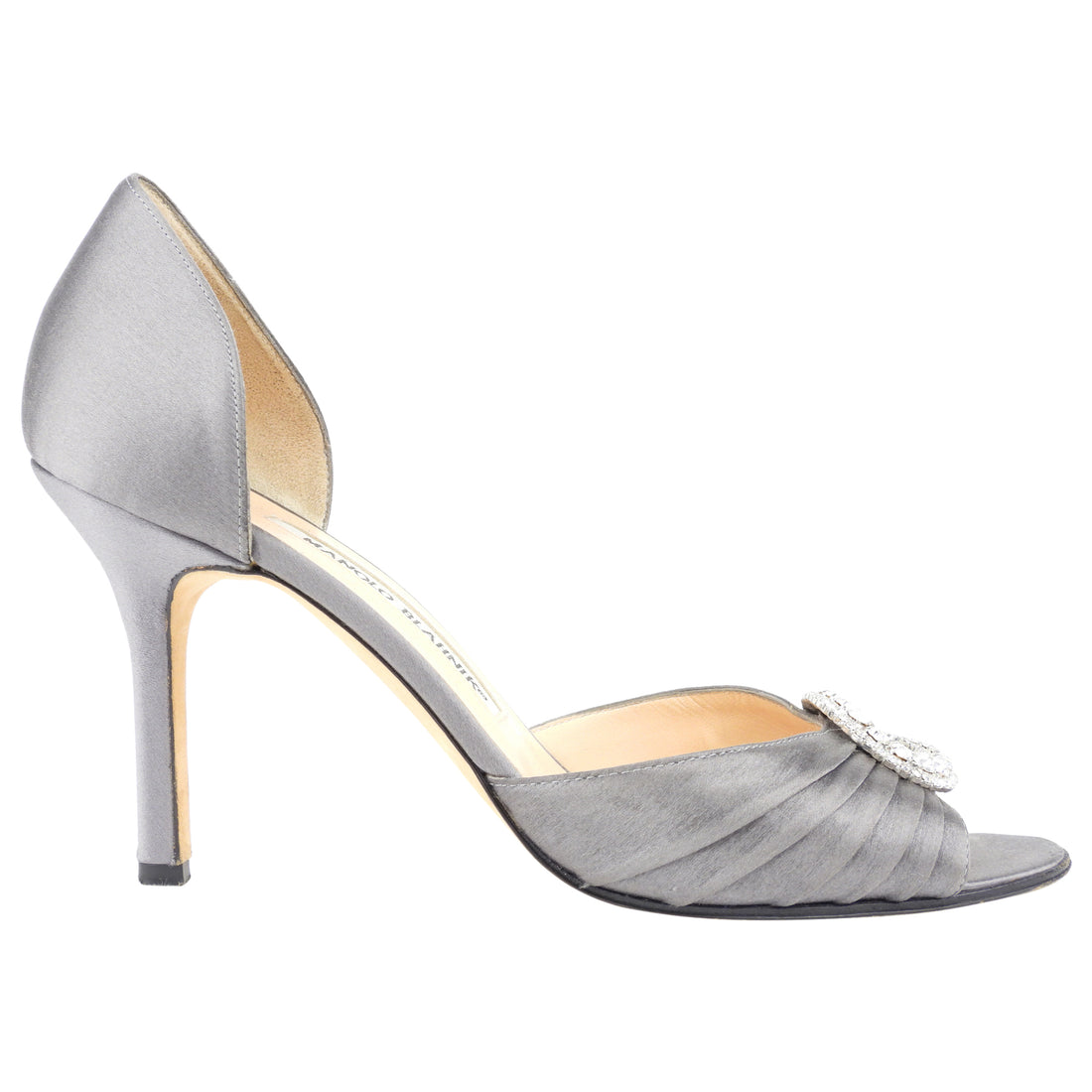 Manolo Blahnik Grey Satin Sedaraby Crystal Embellished Peep Toe D