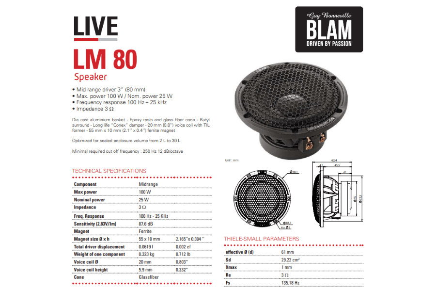 BLAM LIVE LM80 80mm (3 inch) High End 100W mid-range car audio