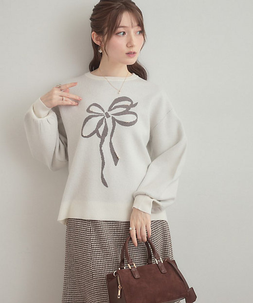 可愛く着映える・華やか】リボンジャカード ニットトップス