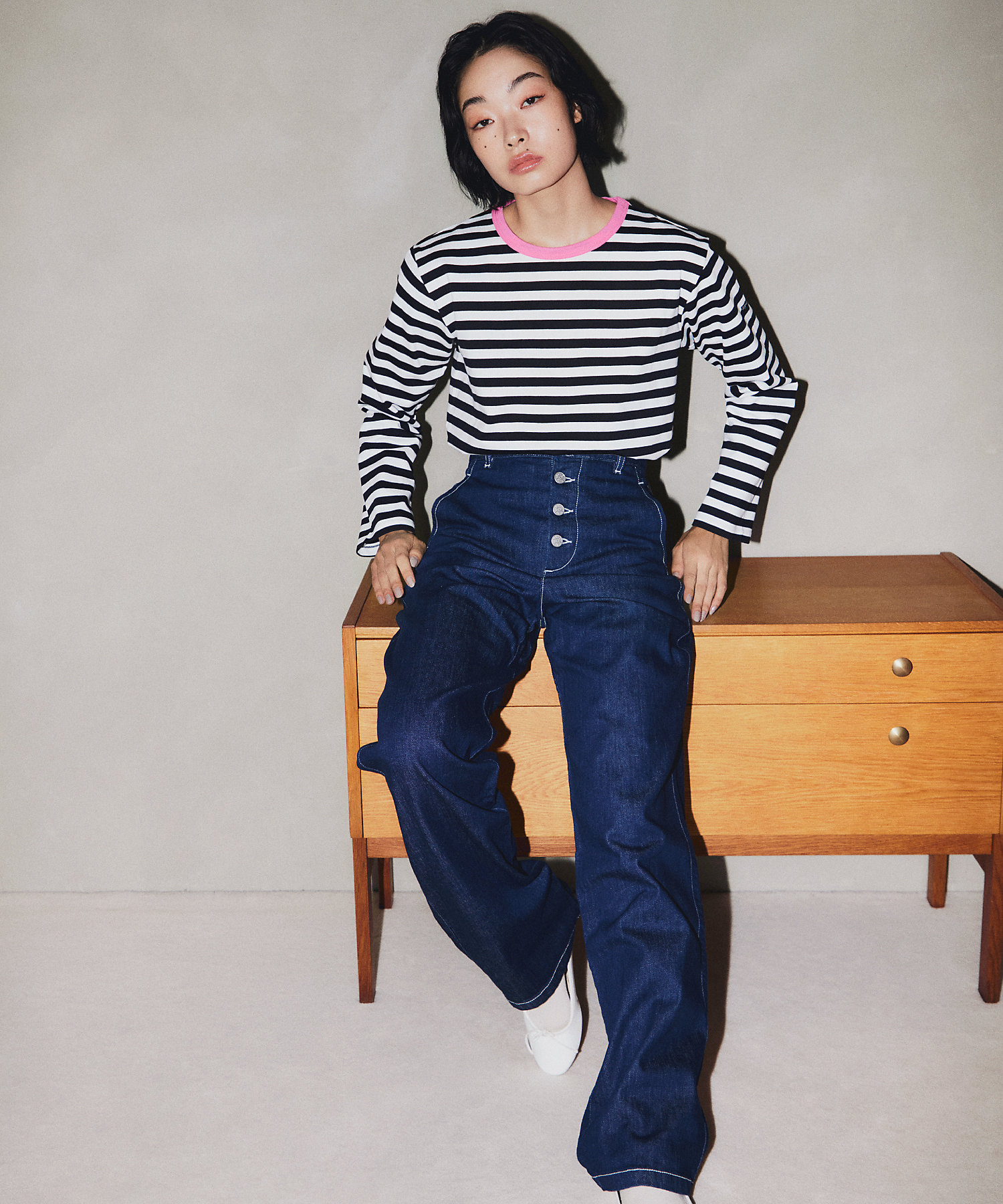 細ボーダー コットン 長袖 Tシャツ ”Biotop