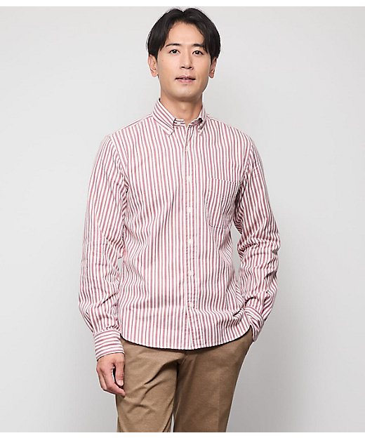 ピケ ストライプ 長袖ショートボタンダウンシャツ