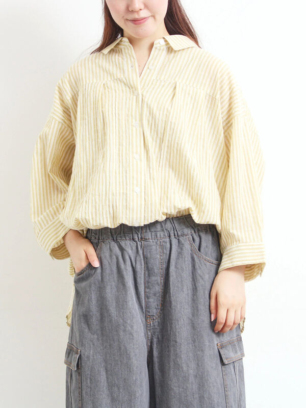 セール】 ストライプ柄七分袖シャツ（チャコールグレー/ブラウン