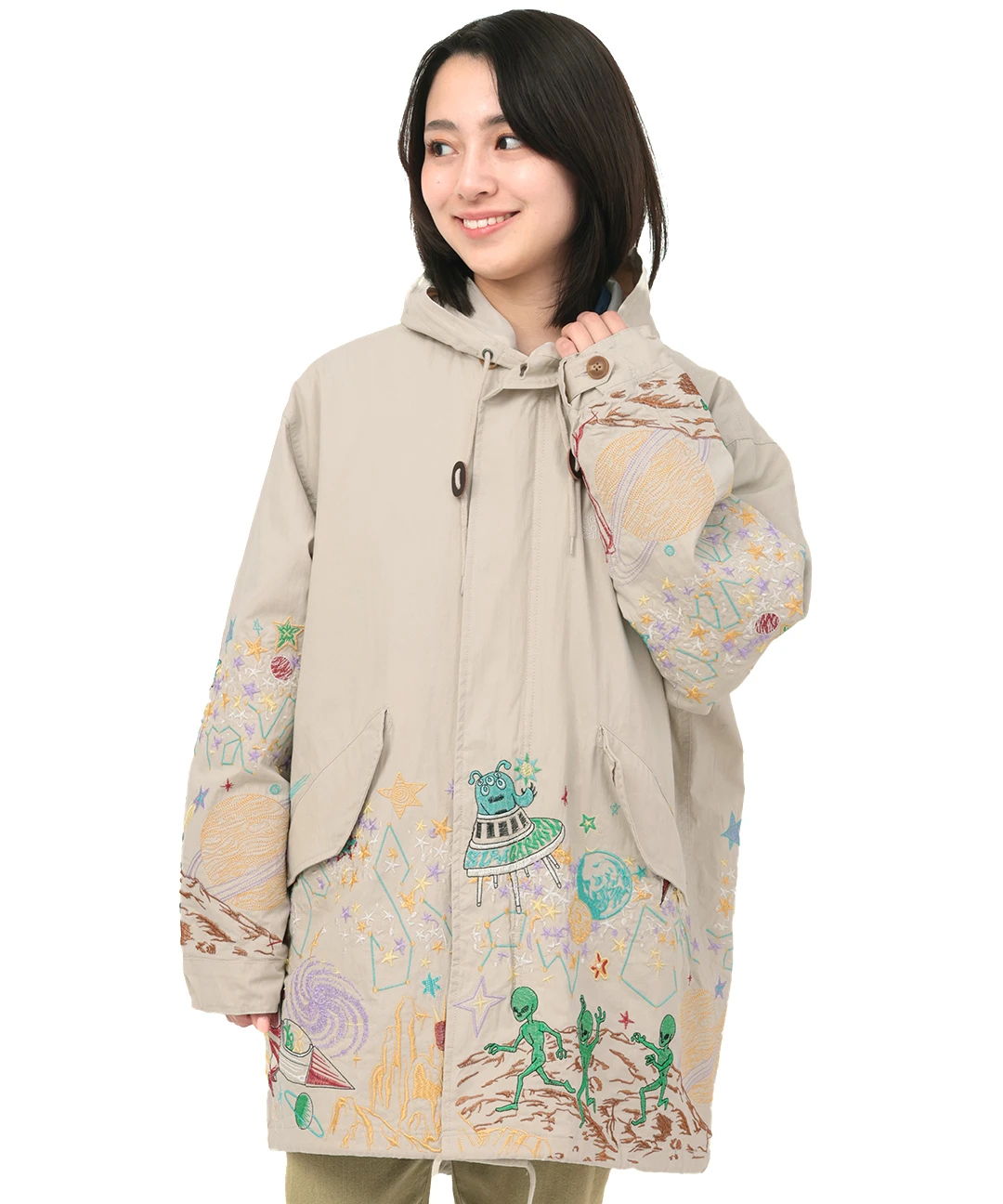 go slow caravan コットンナイロンパネル刺繍モッズコート【WEB限定