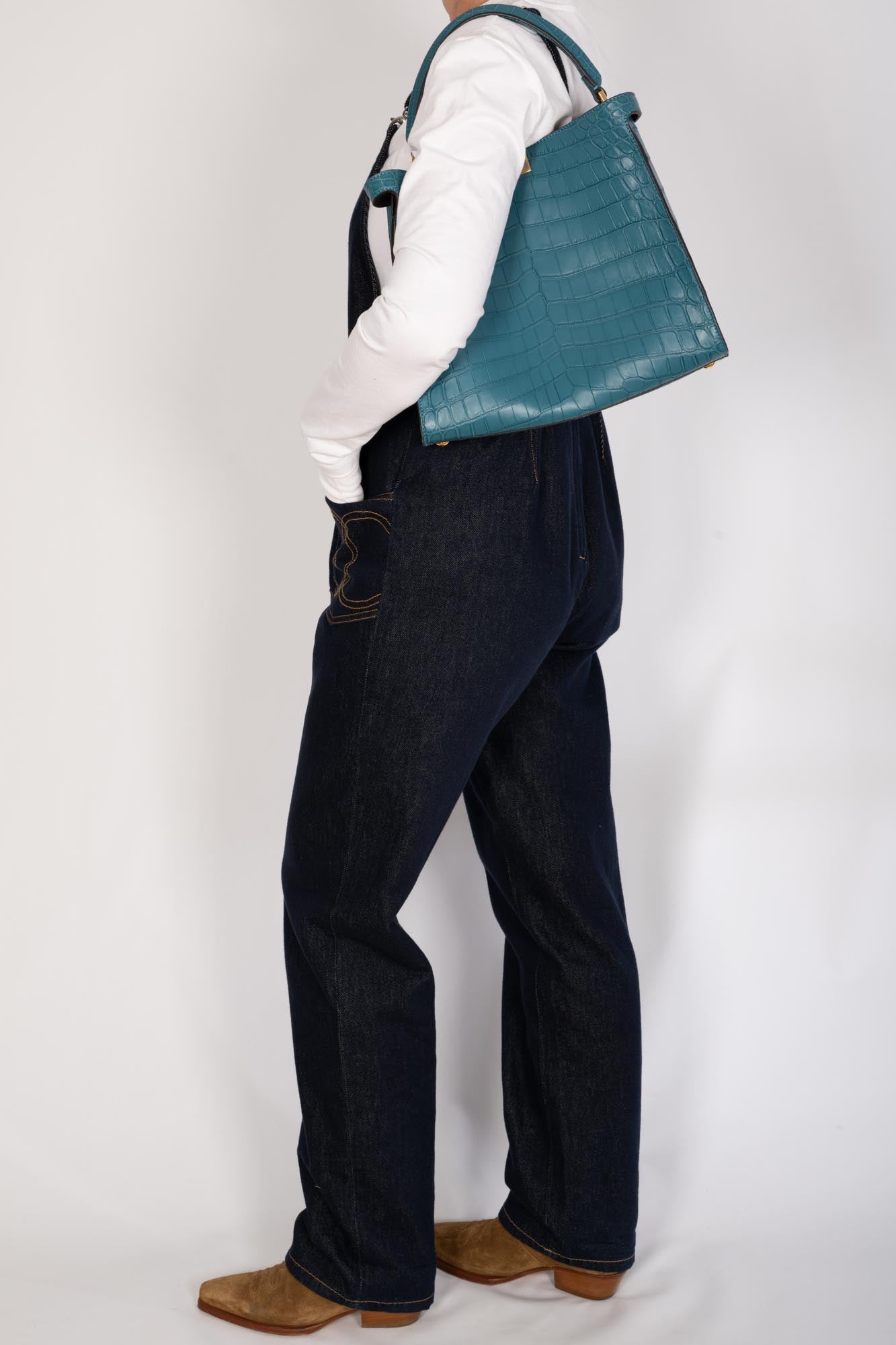 Fendi Peekaboo X-Lite Large Soft Matte Turquoise Crocodile Gold