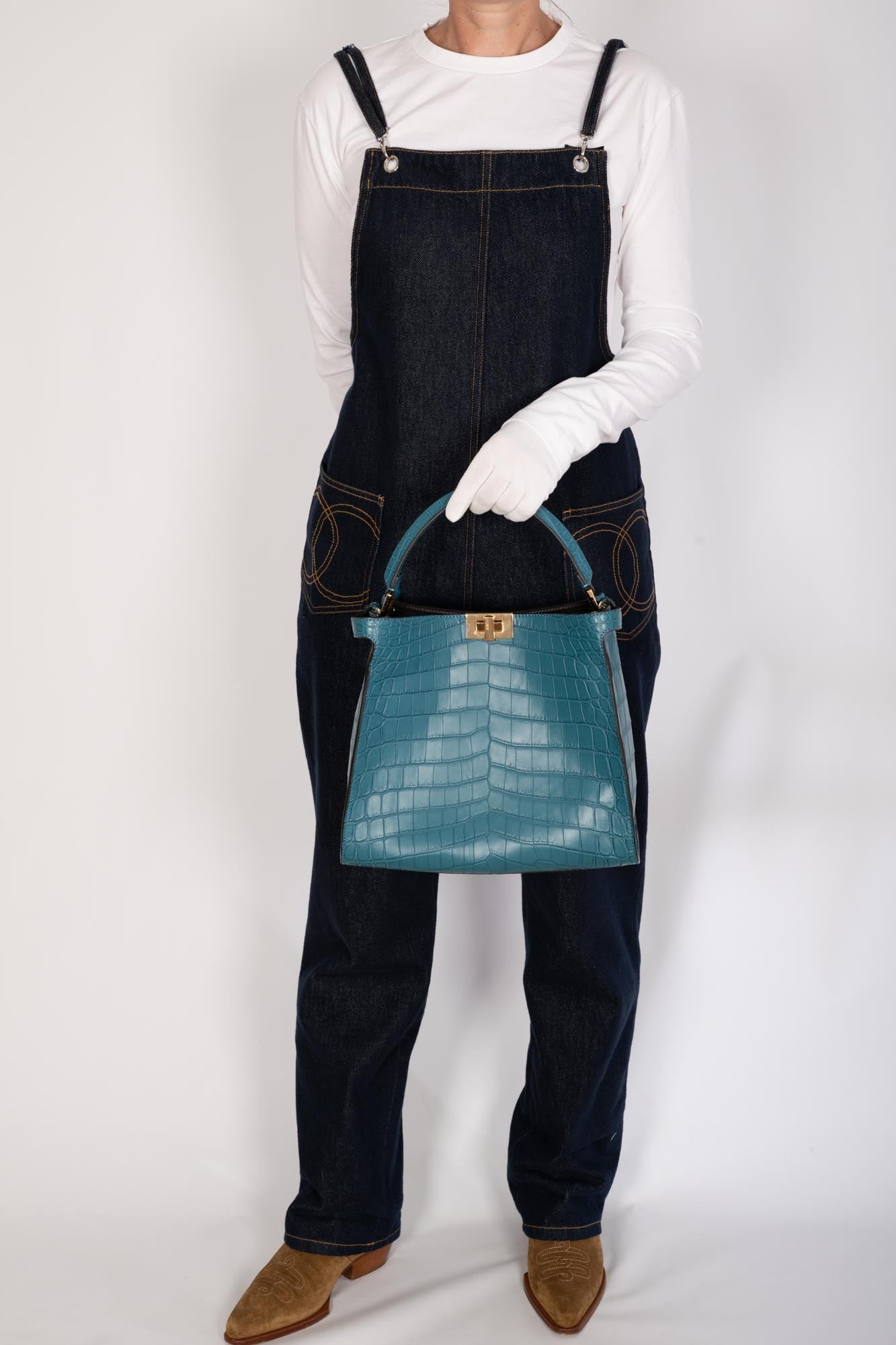 Fendi Peekaboo X-Lite Large Soft Matte Turquoise Crocodile Gold